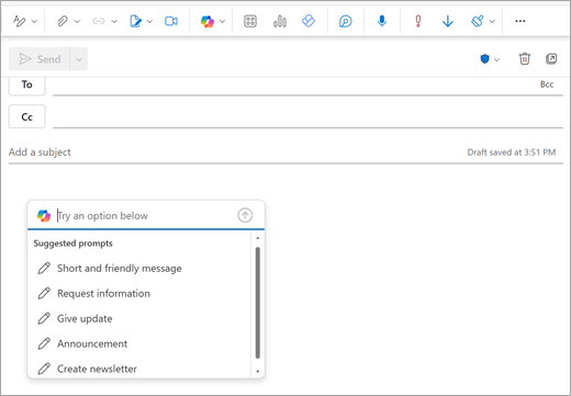 Shows the New Outlook mail page with a prompt window open where youd normally start typing your email.