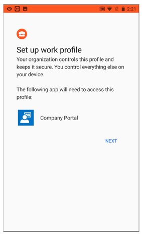 Screenshot shows the example of Set up a work profile window.
