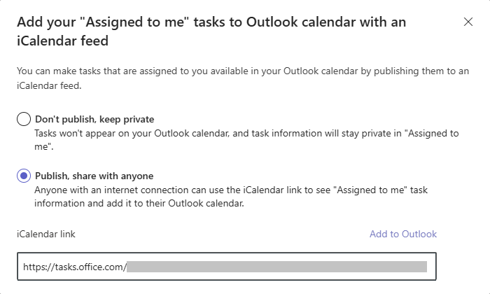 A screenshot of a dialog in Planner. Two options are shown: Dont publish, keep private and Publish, share with anyone. The second option is selected and an iCalendar link has been generated.