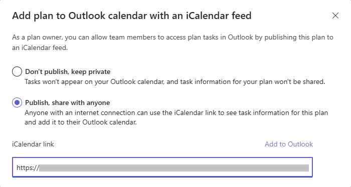 A screenshot of a dialog in Planner. Two options are shown: Dont publish, keep private and Publish, share with anyone. The second option is selected and an iCalendar link is generated.