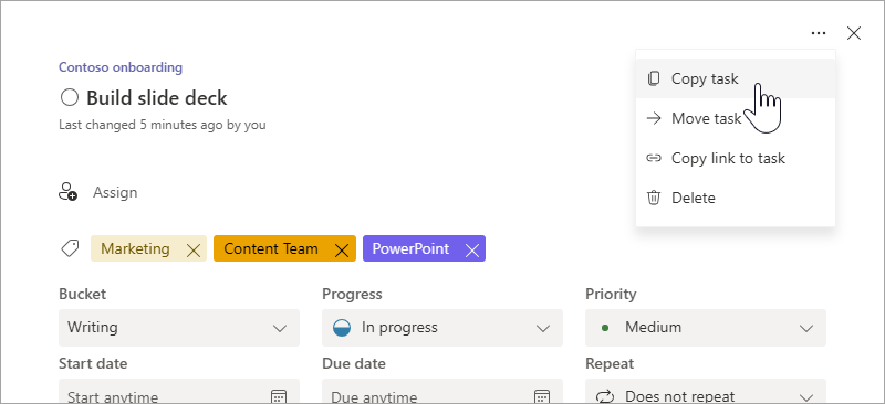 Selecting the Copy task option in task details