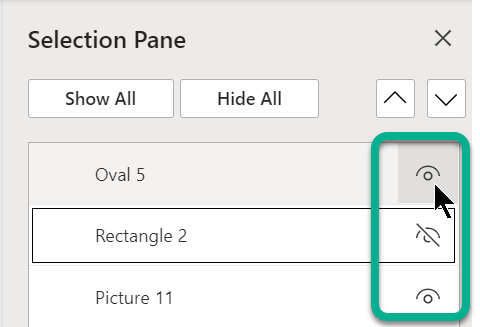 In the Selection Pane, use the eye symbol on the right of any object to show or hide it.