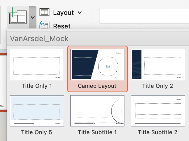 The newly created Cameo Layout appears in the slide layout options.