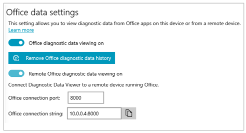 Screenshot of Office data settings section of Settings for Diagnostic Data Viewer