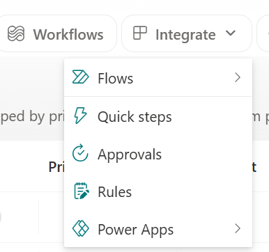 Screenshot that shows Integrate menu dropdown.