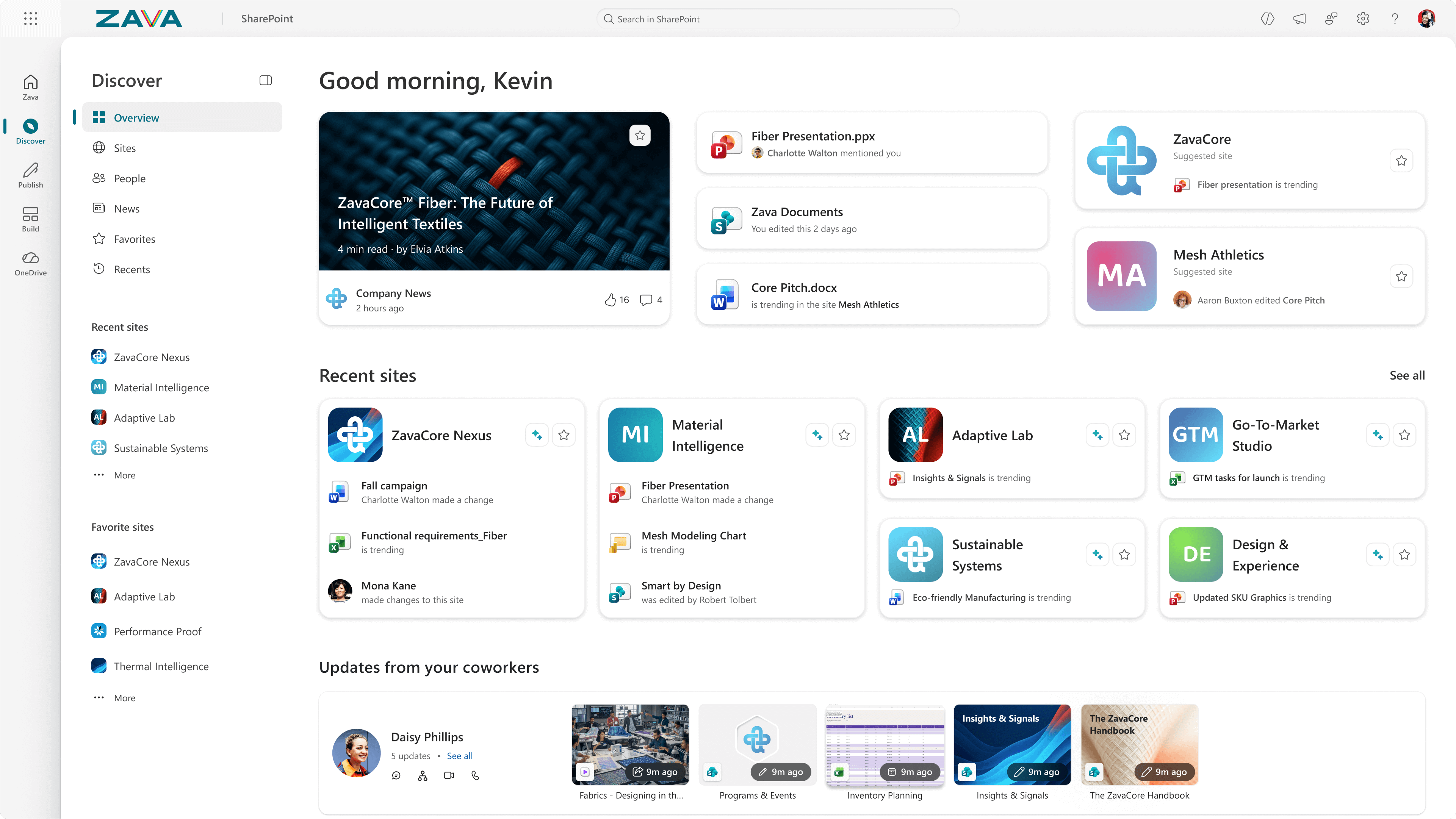 Screenshot of Discover in SharePoint showing the for you section, recent sites, and updates from people you work with