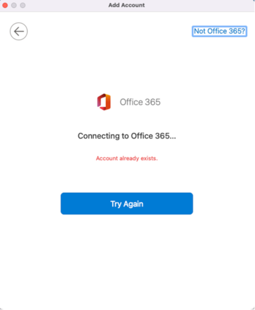 Error message says Account already exists and has a Try again button