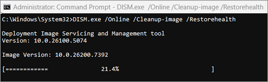 Windows DISM restorehealth tool screenshot.