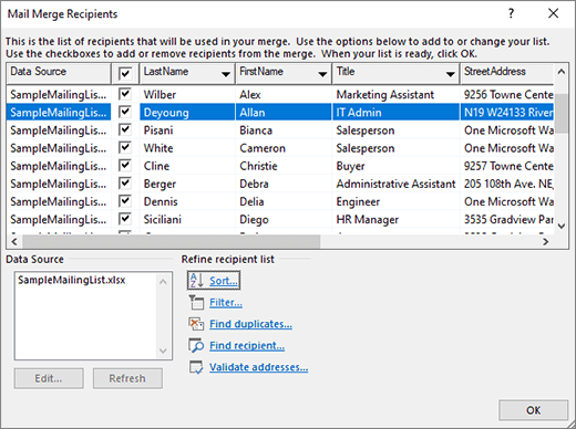 Edit recipients dialog