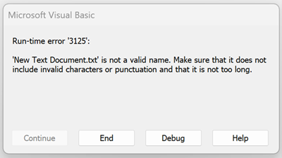 Screenshot of run-time error 3125