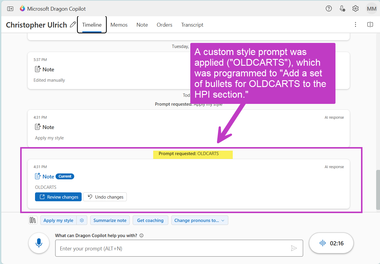 Sample of a style custom prompt that added a set of bullets for OLDCARTS to the HPI section, displayed on the timeline.