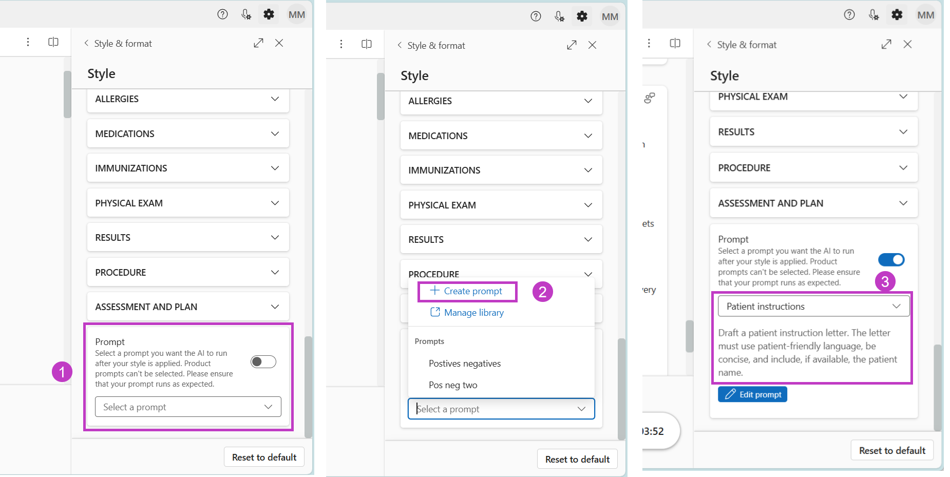 (1) Prompt option at bottom of Style panel, (2) Create prompt option, (3) Select newly created custom prompt from drop-down list