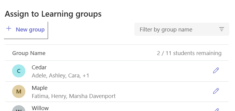 Learning Groups list showing named groups and the number of students in each group.