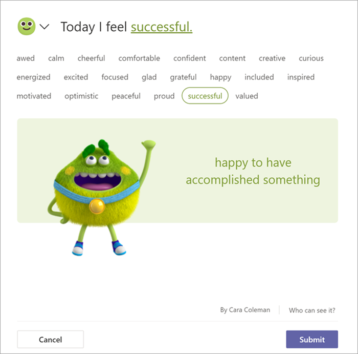 a green feelings monster wearing a gold medal pumps their fist in the air. The student has selected the word Successful