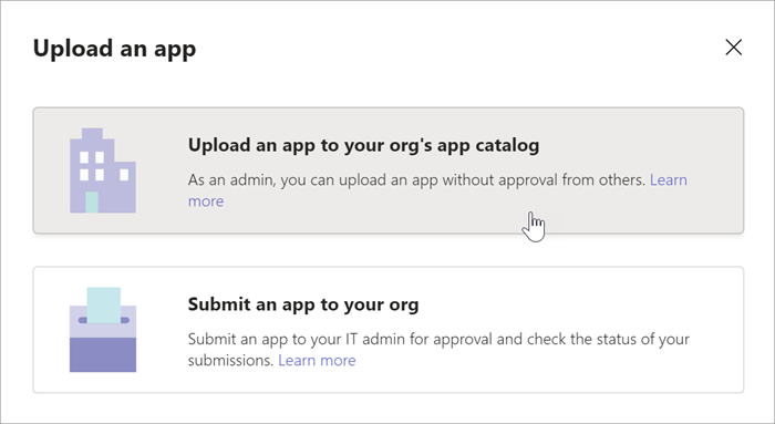 screenshot of the choices for how to upload an app to the catalogue. options include upload an app to your orgs app catalogue, which a cursor is hovering over, and submit an app to your org.