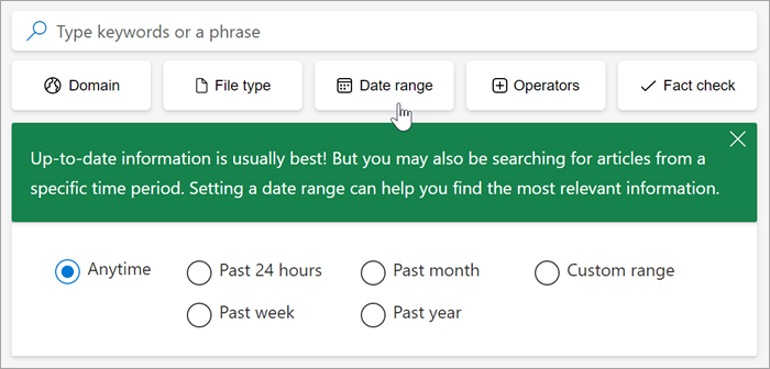 Screenshot of the date range options, past 24 hours, past week, past month, past year, custom range.