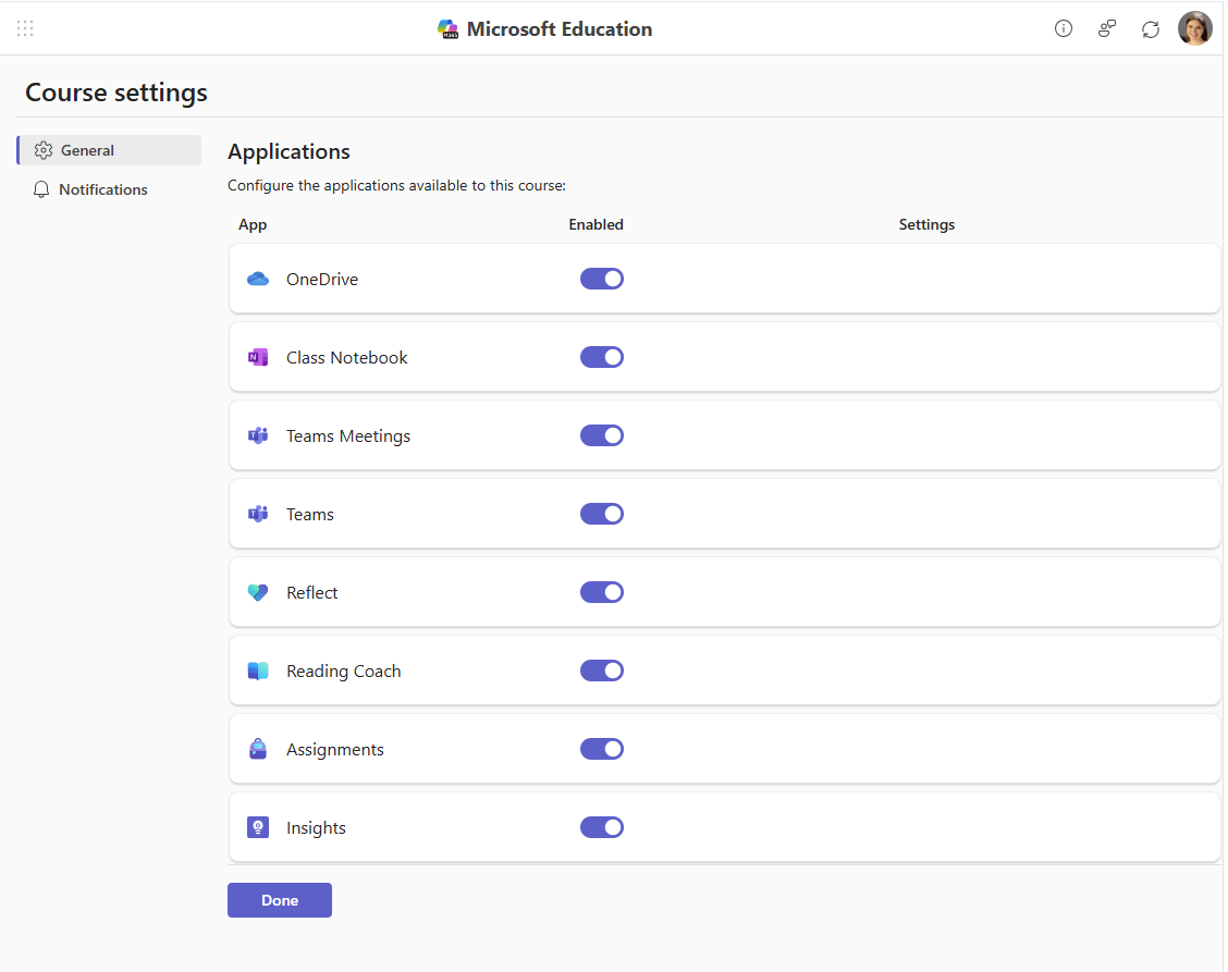 Microsoft Education course settings
