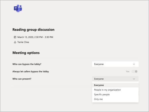 Select whos allowed to present in Teams meeting options