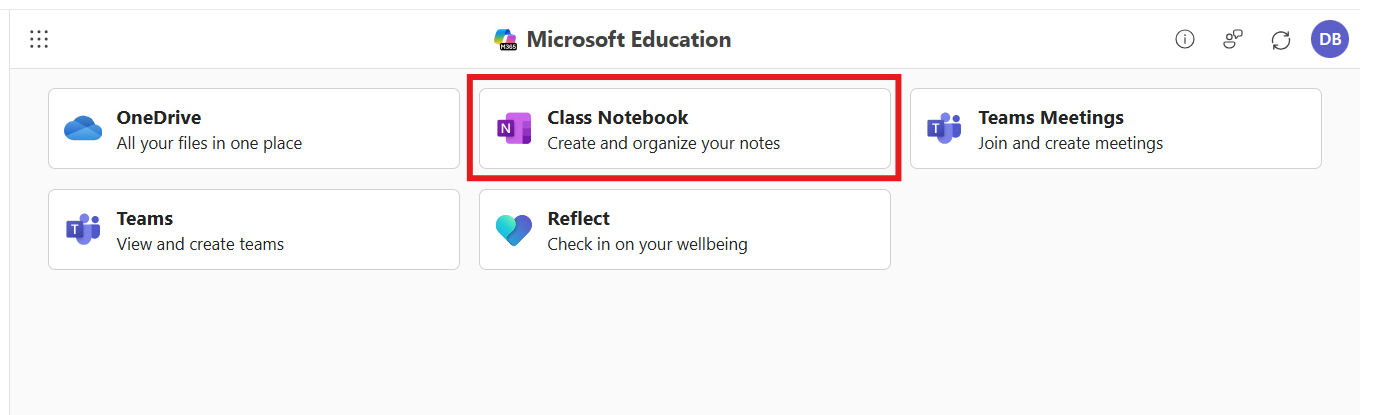 Screenshot of Microsoft 365 LTI app with Class Notebook selected