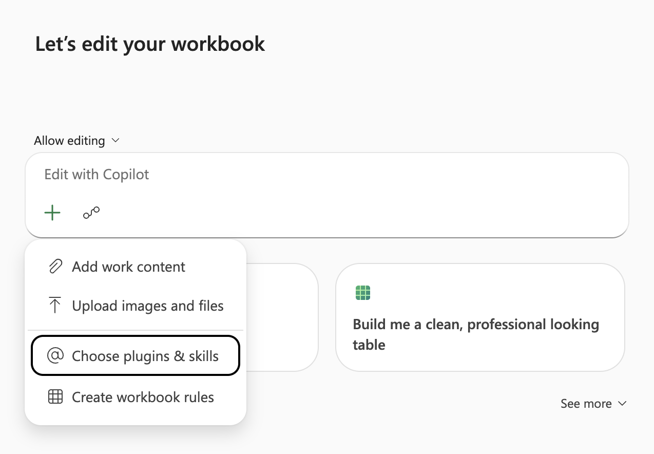 Screenshot of the Copilot in Excel 'Add work content' menu, with 'Choose plugins & skills' highlighted.