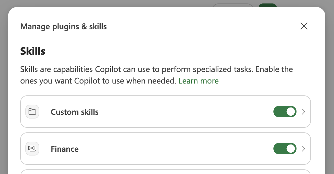 Screenshot of the Copilot in Excel Manage plugins & skills dialog.