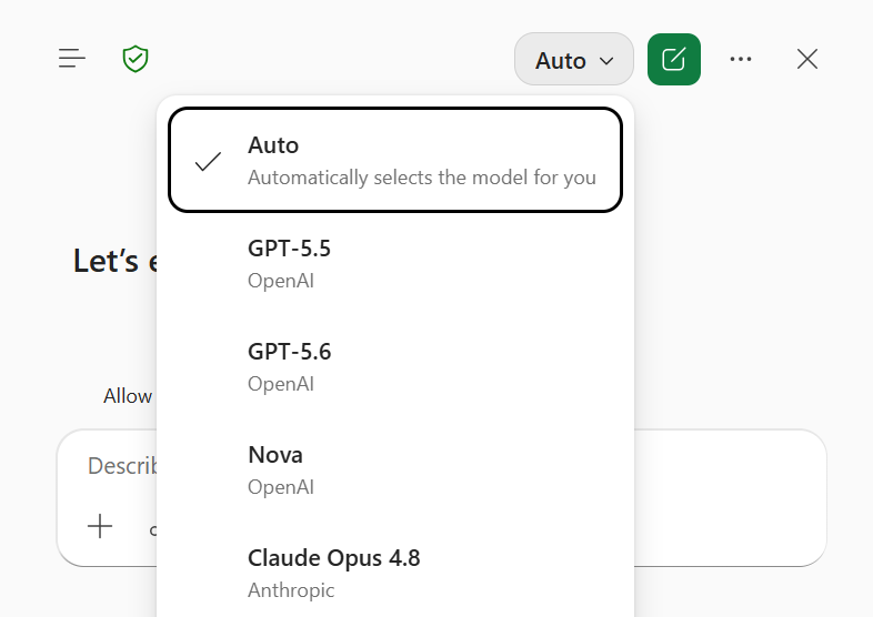 Screenshot of the Copilot in Excel model picker menu, with Auto selected.