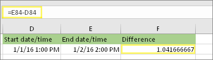 =E84-D84 and result of 1.041666667