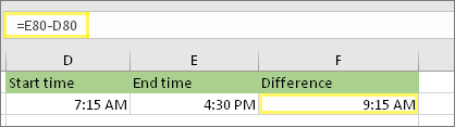 =E80-D80 and result: 9:15 AM