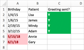 Conditional Formatting Example with birth dates, names, and a sent column
