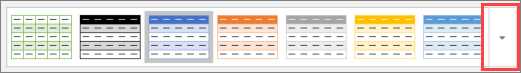 Screenshot of the first six table styles and the More button to see all the table styles.