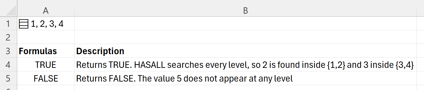 Using HASALL to search inside a nested array stored in a single cell