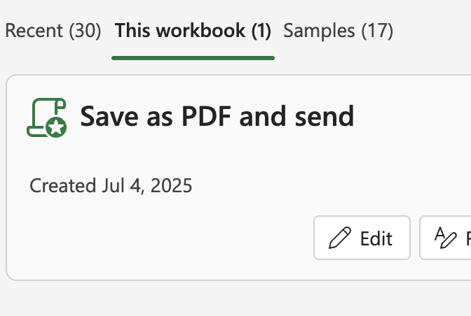 The This workbook list in the Office Scripts task pane.
