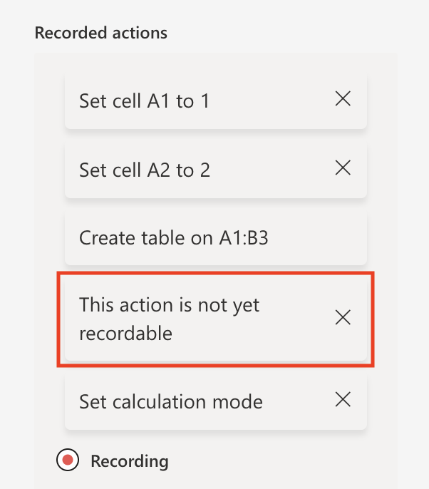 The Action Recorder shows This action is not yet recordable if an action is not supported.