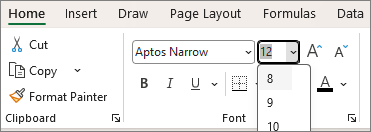 Screenshot of the pick another font size drop-down list.