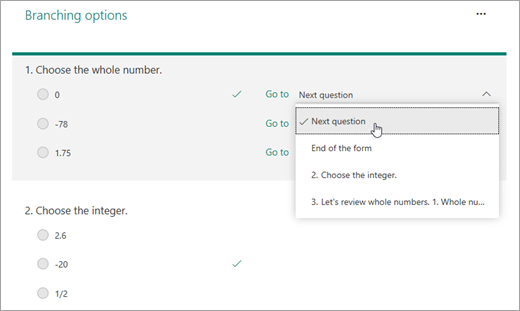 Branching options with the correct answer routed to the next question.