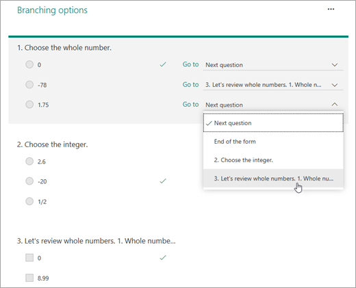 Branching options with an incorrect answer routed to a review question.