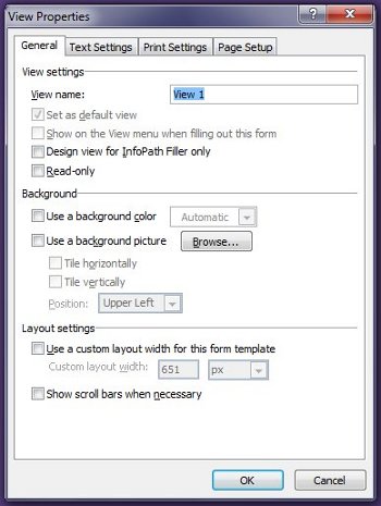 View Properties dialog with view and layout settings