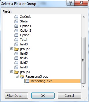 Select a Field or Group dialog with RepeatingText selected