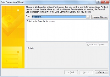 Data Connection Wizard page for selecting a SharePoint site