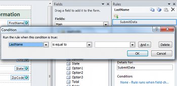 Condition dialog comparing the LastName field with a value