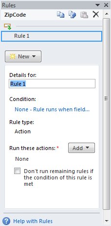 Rules pane showing an action rule named Rule 1