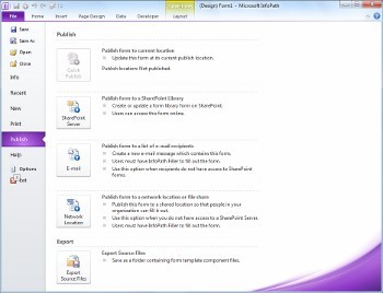 InfoPath Backstage view with publishing options