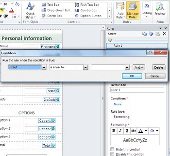 Formatting rule condition editor for a Street field
