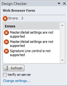 Design Checker pane listing unsupported browser-form controls