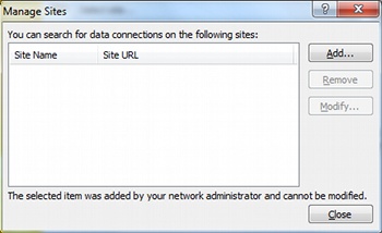 Manage Sites dialog with an Add button