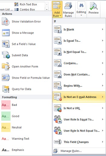 Add Rule menu with condition, action, and formatting choices