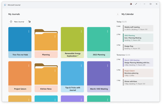 A screen capture of Microsoft Journals home screen.