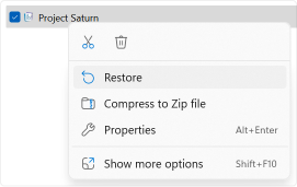 Recycle Bin context menu with the Restore command selected.