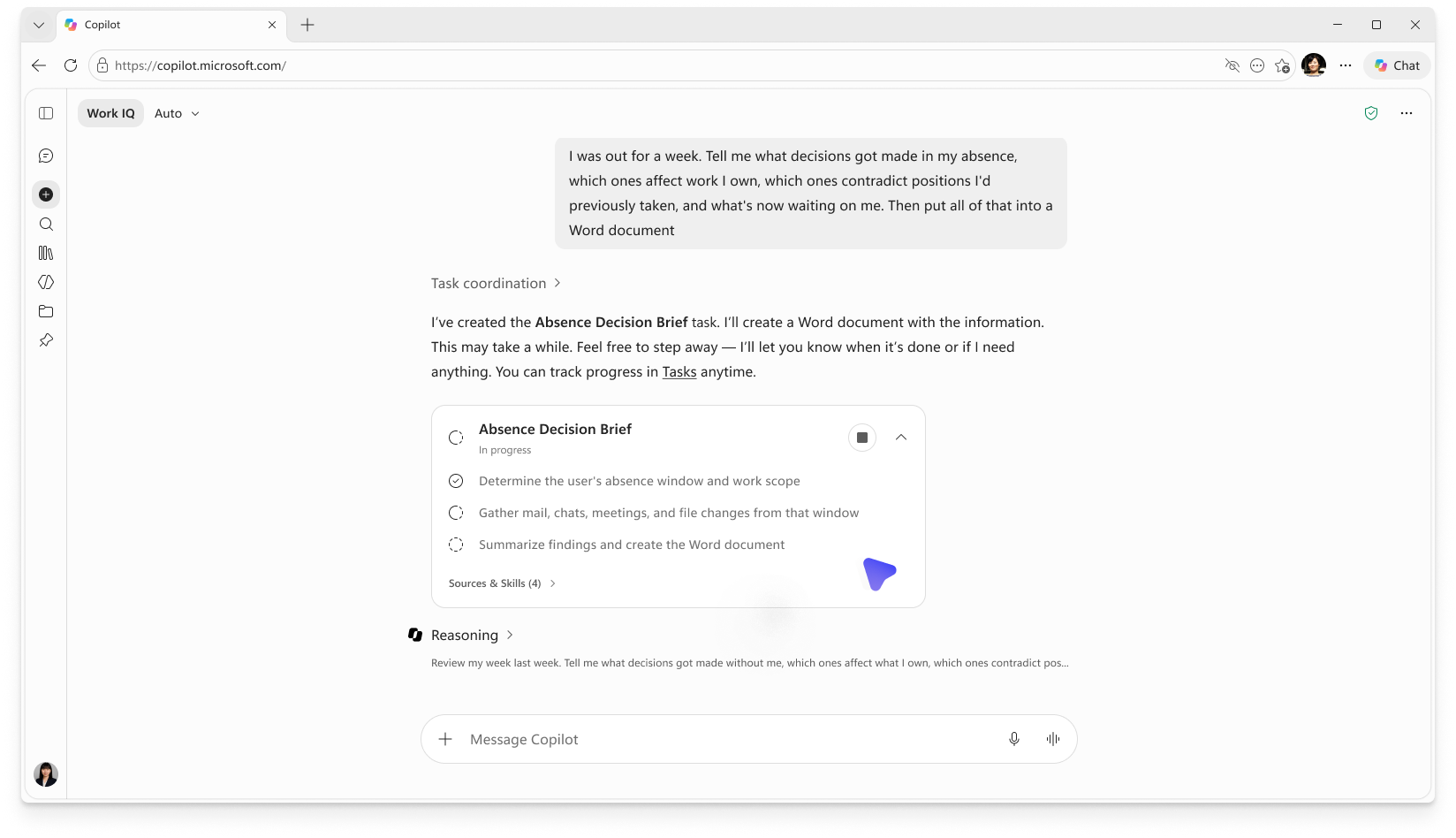 Screenshot showing the Copilot Chat window listing actions it takes to complete an advanced reasoning task.