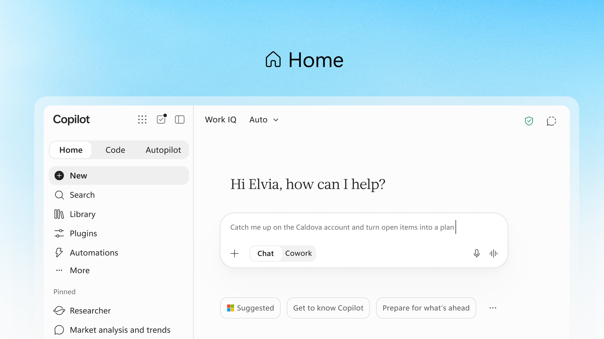 Screenshot showing the Microsoft Copilot app home screen on desktop.